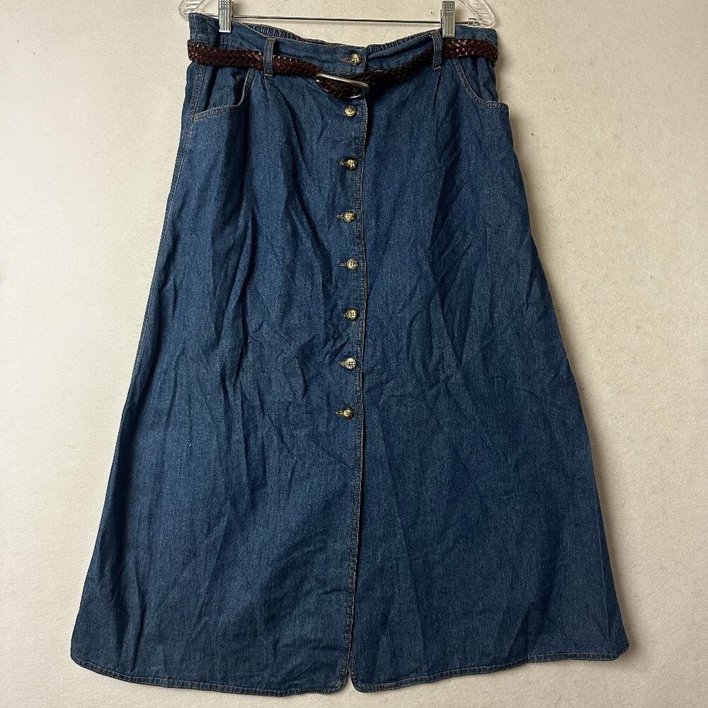 VTG Womens Belted Denim Midi Skirt 14 Blue dark Wash Y2K Modest button up